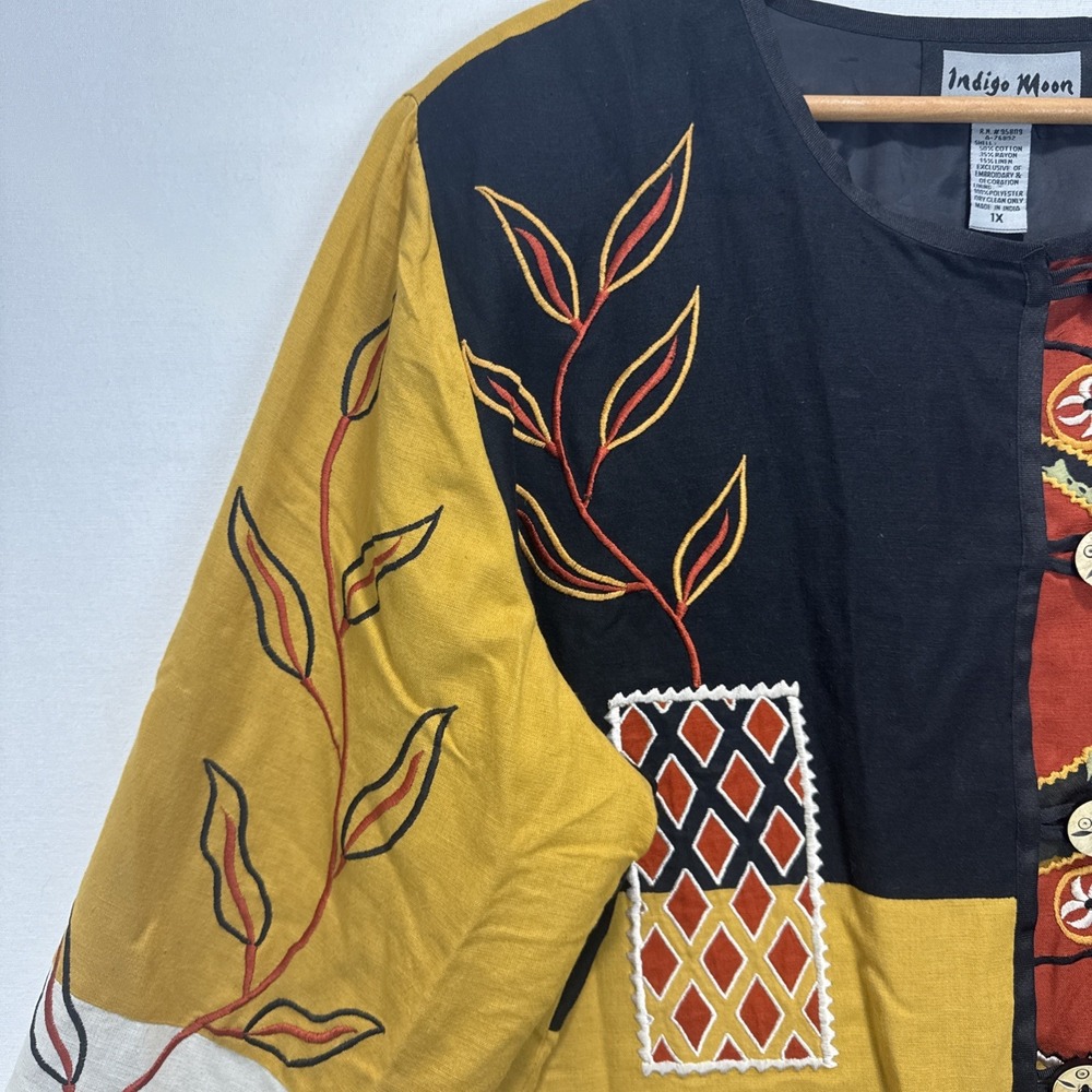VTG Indigo Moon Patchwork Embroidered Wearable Art Jacket‎ Womens 1X Multi Color - Picture 3 of 11